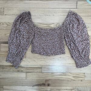 Olivaceous Women's M Puff Sleeve Cropped Smocked Top Blouse Pink Floral Print